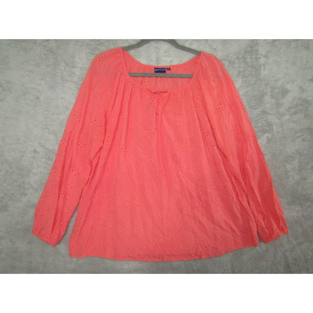Northcrest Coral Eyelet Lace Up Tie Neck Blouse Shirt Women's XL Long Sleeve
